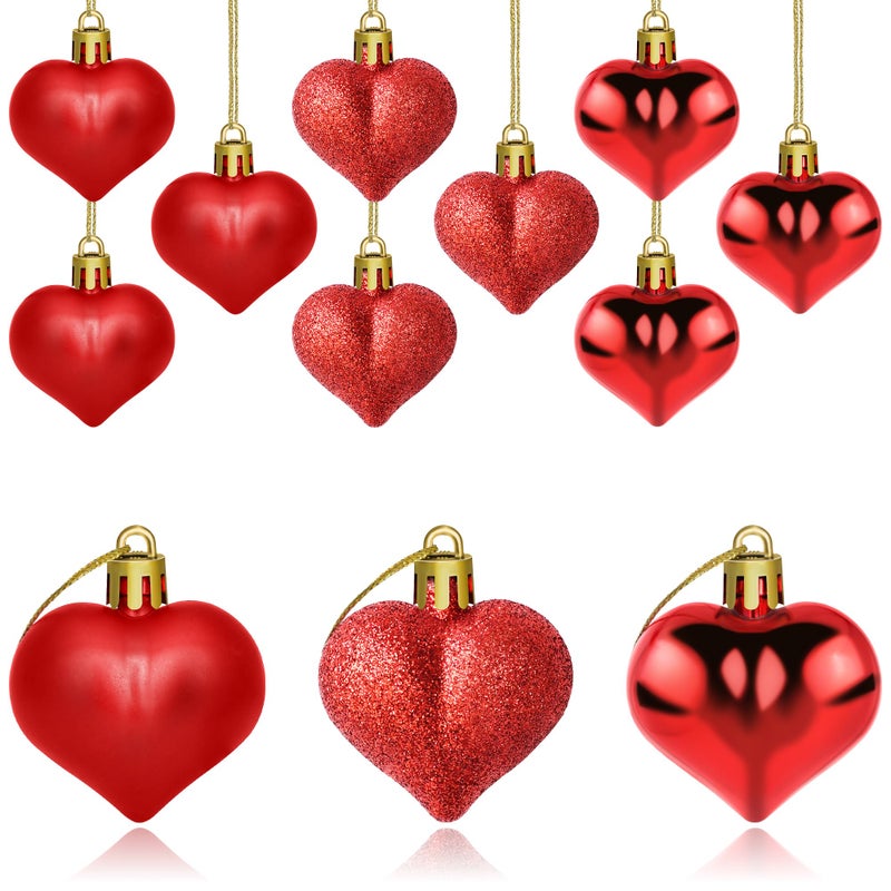Yuronam 12 PCS Heart Ornaments 3 Different Finishes Heart Shaped Hanging Ornaments for Valentine’s Day Wedding Christmas Tree Mother's Day Anniversary Party Decoration (Red) - Image 1