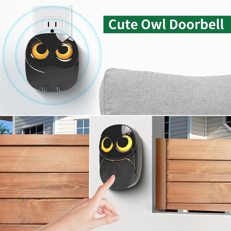 HTZSAFE Wireless Doorbell, Cute Owl Doorbell Weatherproof IP55 Outdoor Remote Push Button- 1000 Feet Long Wireless Range, 1 Receiver + 1 Transmitter, Black - Image 2