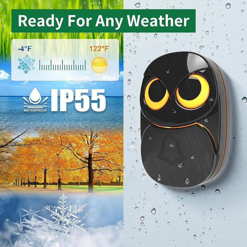 HTZSAFE Wireless Doorbell, Cute Owl Doorbell Weatherproof IP55 Outdoor Remote Push Button- 1000 Feet Long Wireless Range, 1 Receiver + 1 Transmitter, Black - Image 3