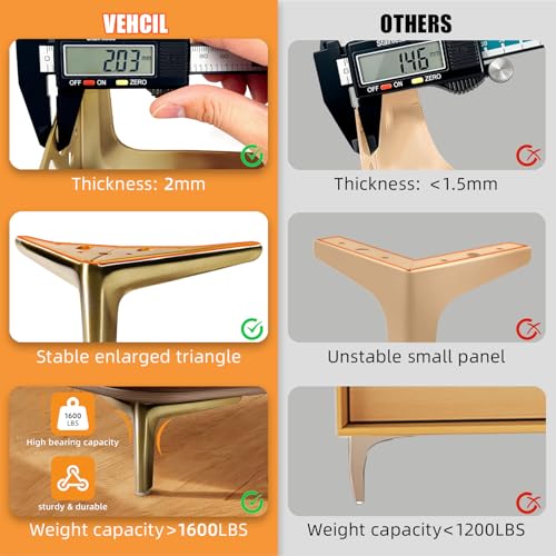 VEHCIL 4-inch Brushed Gold Furniture Legs, Legs for Furniture Set of 4 Modern Furniture Feet Metal Table Legs for Cabinet Sofa Couch Chair Bed Dresser Wardrobe Risers DIY Replacement - Image 5