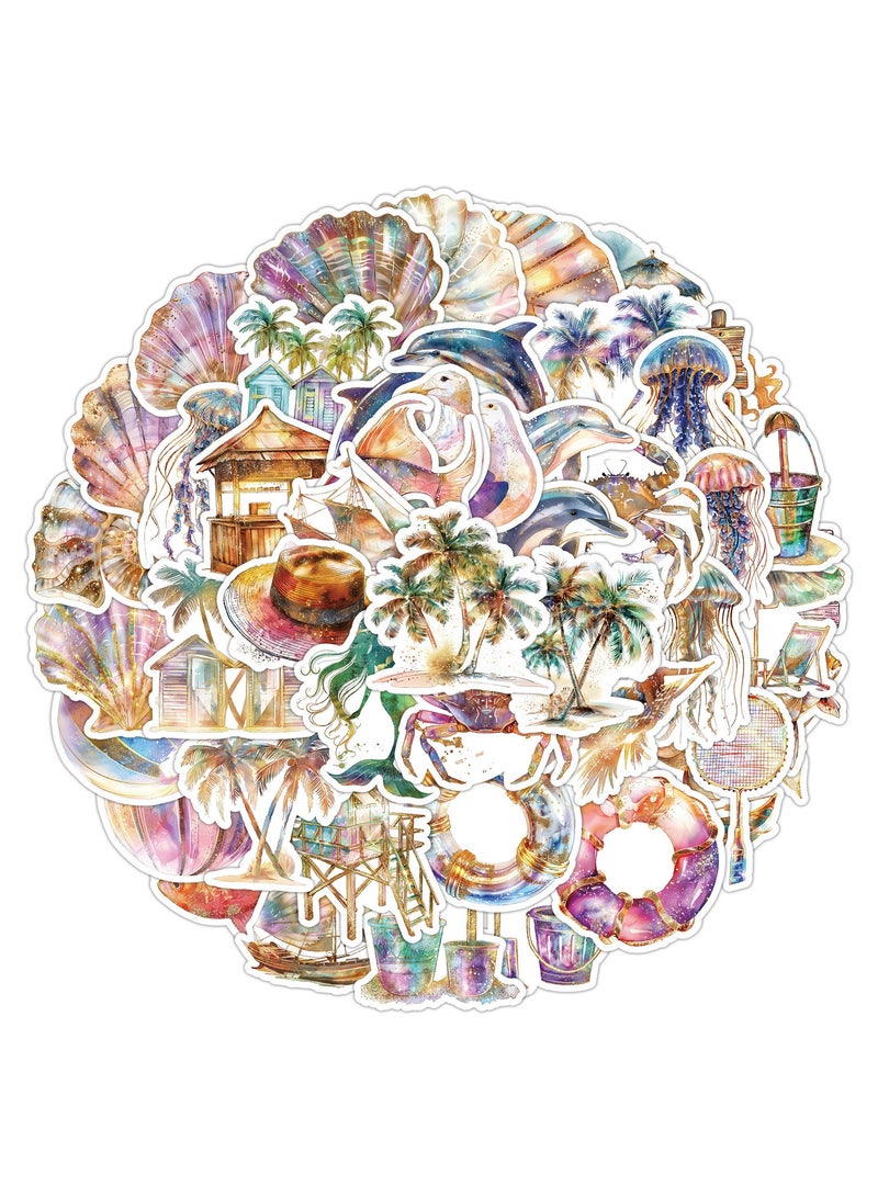 قوس قزح أورينبو ملصقات حب الصيف للشاطئ، 50 قطعة من ملصقات الكائنات البحرية الملونة الكرتونية اللطيفة لأجهزة الكمبيوتر المحمول وزجاجة الماء، مجموعة ملصقات جمالية كرتونية حيوية للفتيات المراهقات - Image 1