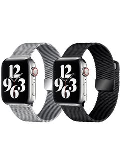 YOMNA [set of 2] YOMNA Magnetic Metal Milanese Loop Band Compatible with Apple Watch Band 42mm 44mm 45mm 49mm, Mesh Strap Replacement for iWatch Series Ultra SE 8 7 6 5 4 3 2 1 (Silver/Jet Black) 