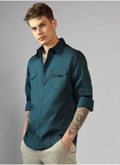 Dennis Lingo Regular Fit Teal Blue Cotton Casual Shirt  - Image 3