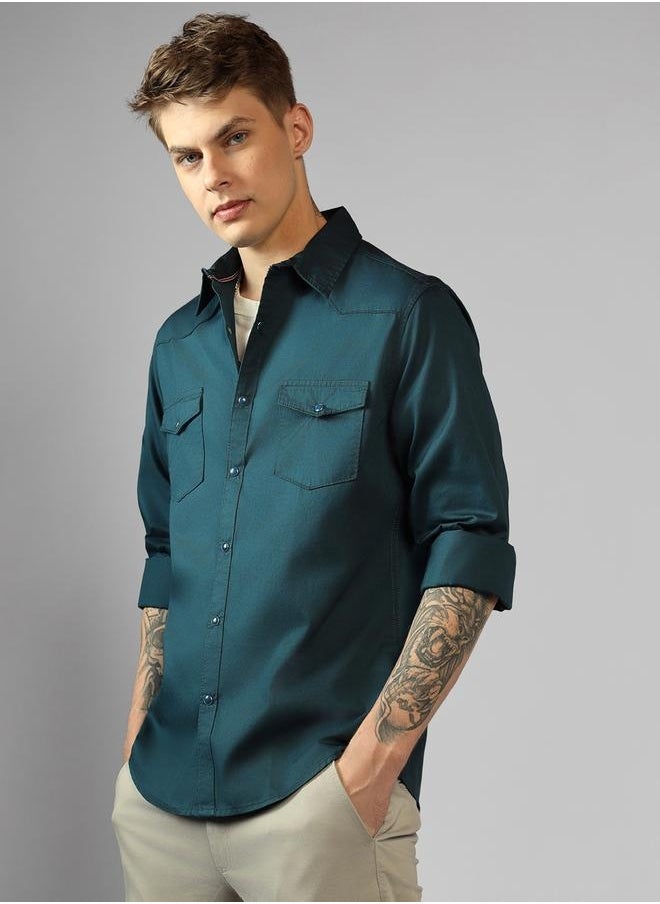 Dennis Lingo Regular Fit Teal Blue Cotton Casual Shirt  - Image 3