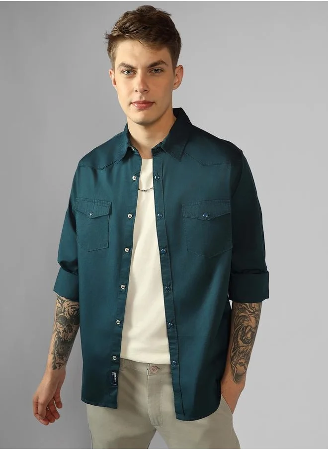 دينيس لينغو Regular Fit Teal Blue Cotton Casual Shirt