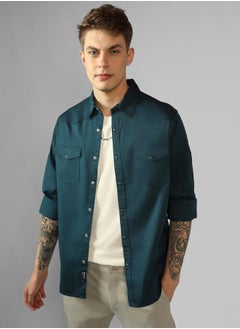 Dennis Lingo Regular Fit Teal Blue Cotton Casual Shirt  - Image 2