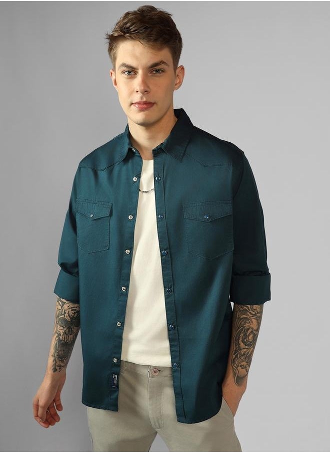 Dennis Lingo Regular Fit Teal Blue Cotton Casual Shirt  - Image 2