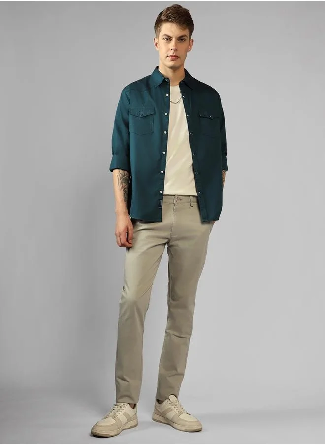 دينيس لينغو Regular Fit Teal Blue Cotton Casual Shirt