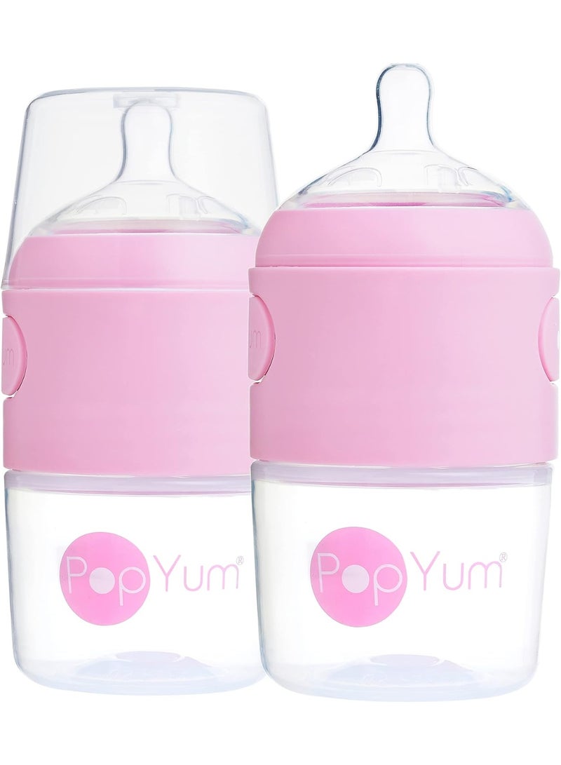 PopYum زجاجات حليب الأطفال PopYum 5 أونصات وردية مضادة للمغص، عبوة من 2 مع حلمات تدفق بطيء رقم 1، 150 مل، خالية من BPA، قفل طبيعي - Image 1