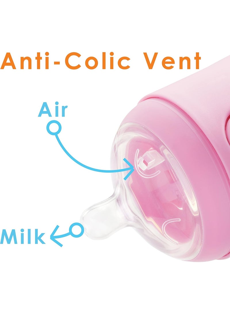 PopYum زجاجات حليب الأطفال PopYum 5 أونصات وردية مضادة للمغص، عبوة من 2 مع حلمات تدفق بطيء رقم 1، 150 مل، خالية من BPA، قفل طبيعي - Image 4