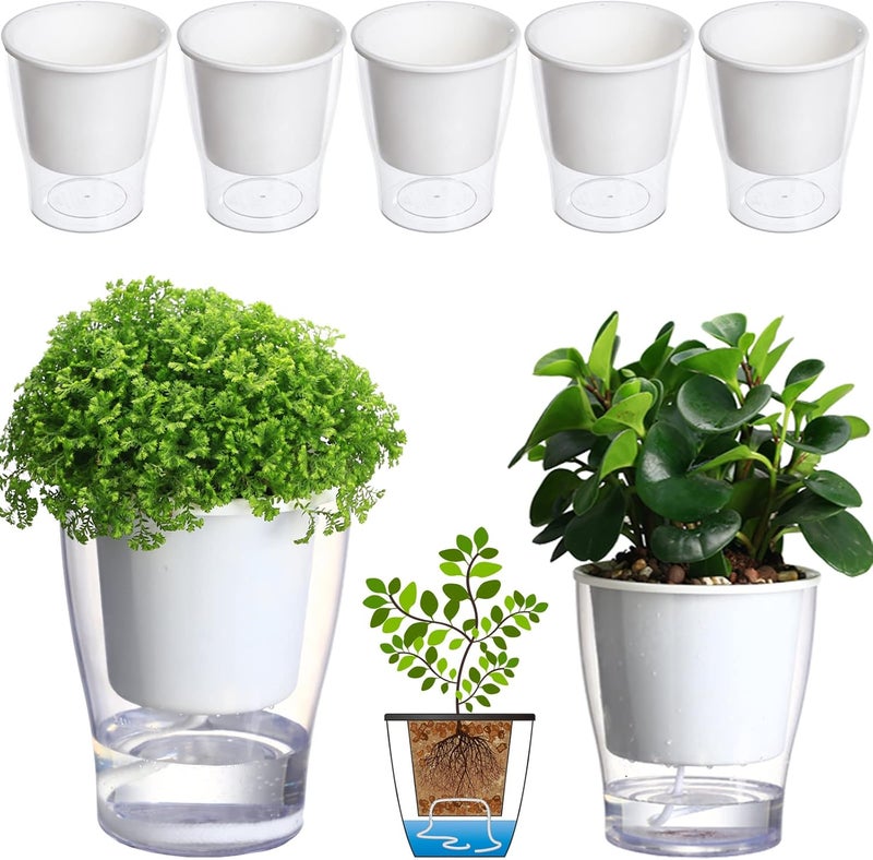 DeELF Outlet 5-Pack 4.3 Inches Clear Self-watering Pots Small African Violet Planters Plastic Plant Pots Wicking Flower Pots for Indoor Plants, Herbs, African Violet, Ocean Spider Plant, Orchid Pot, Garden Pots - Image 1