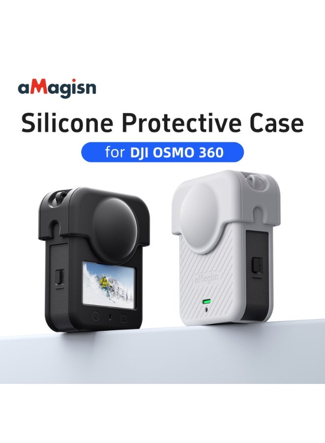 aMagisn مناسب لكاميرا الحركة DJI Osmo360 البانورامية — غطاء سيليكون كامل للجسم والعدسة مع فتحات دقيقة وسهولة الوصول للبطارية، مزود بحبل للعنق(أسود) - Image 1