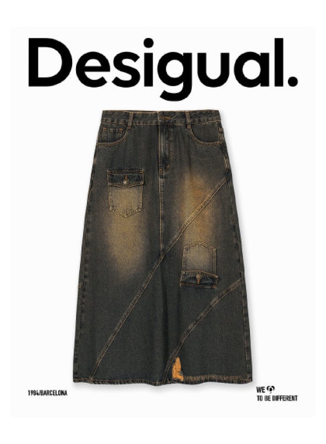 DESIGUAL denim A-line Deconstructed Pocket Washed Midi Skirt - Image 1