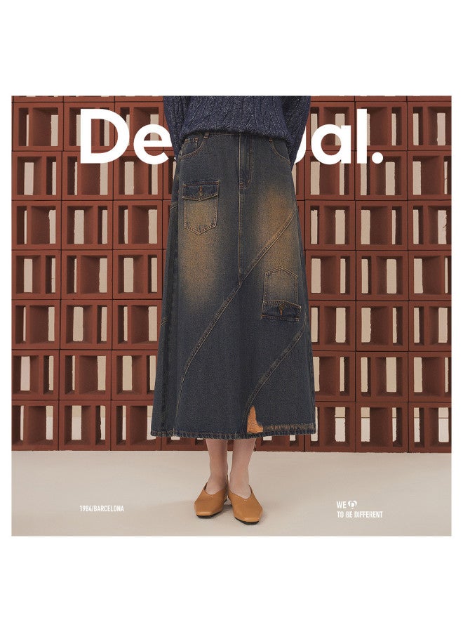 DESIGUAL denim A-line Deconstructed Pocket Washed Midi Skirt - Image 2