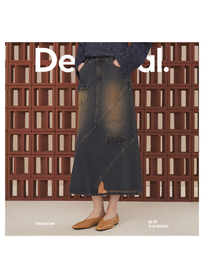 DESIGUAL denim A-line Deconstructed Pocket Washed Midi Skirt - Image 4