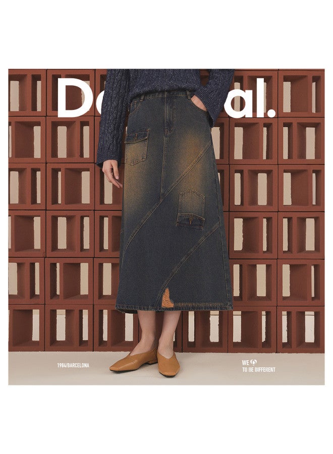 DESIGUAL denim A-line Deconstructed Pocket Washed Midi Skirt - Image 3