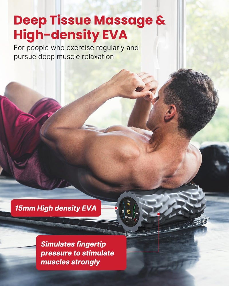 FITINDEX رولر فوم FITINDEX لآلام الظهر، رولر فوم مهتز بخمسة سرعات لتدليك العضلات، مؤهل لممارسة FSA HSA، اليوغا، الأنسجة العميقة، العلاج الطبيعي، استعادة العضلات، الرقبة، الساق، قابل لإعادة الشحن، رمادي - Image 2