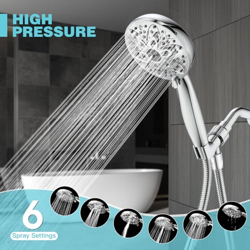 JDO 6-Setting Shower Head with Handheld, JDO High Pressure Hand held Shower Head, 4.7 Inch Chrome Detachable Showerhead Set with 59 Inch Stainless Steel Hose and Adjustable Showerhead Holder - Image 2