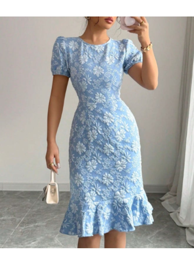 الفساتين الكازوال المتعددة الاستخدامات الأنيقة الضيقة على الورك بأكمام قصيرة للصيف باللون الأزرق السماوي