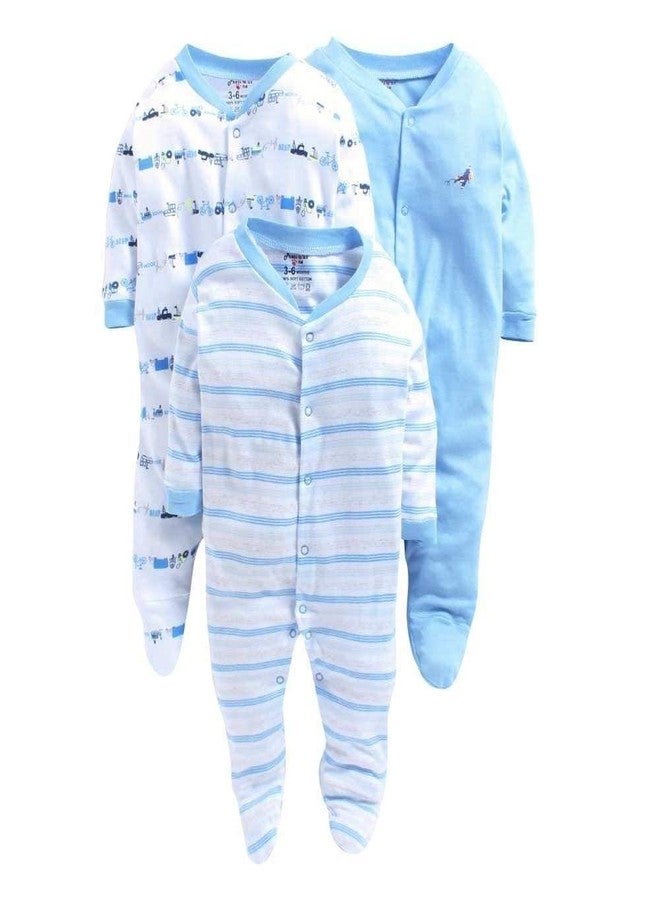TiniBerry New Born Baby Multi-Color Long Sleeve Cotton Sleep Suit Romper for Boys and Girls Set of 3 (3-6 Months, Blue) - Image 1