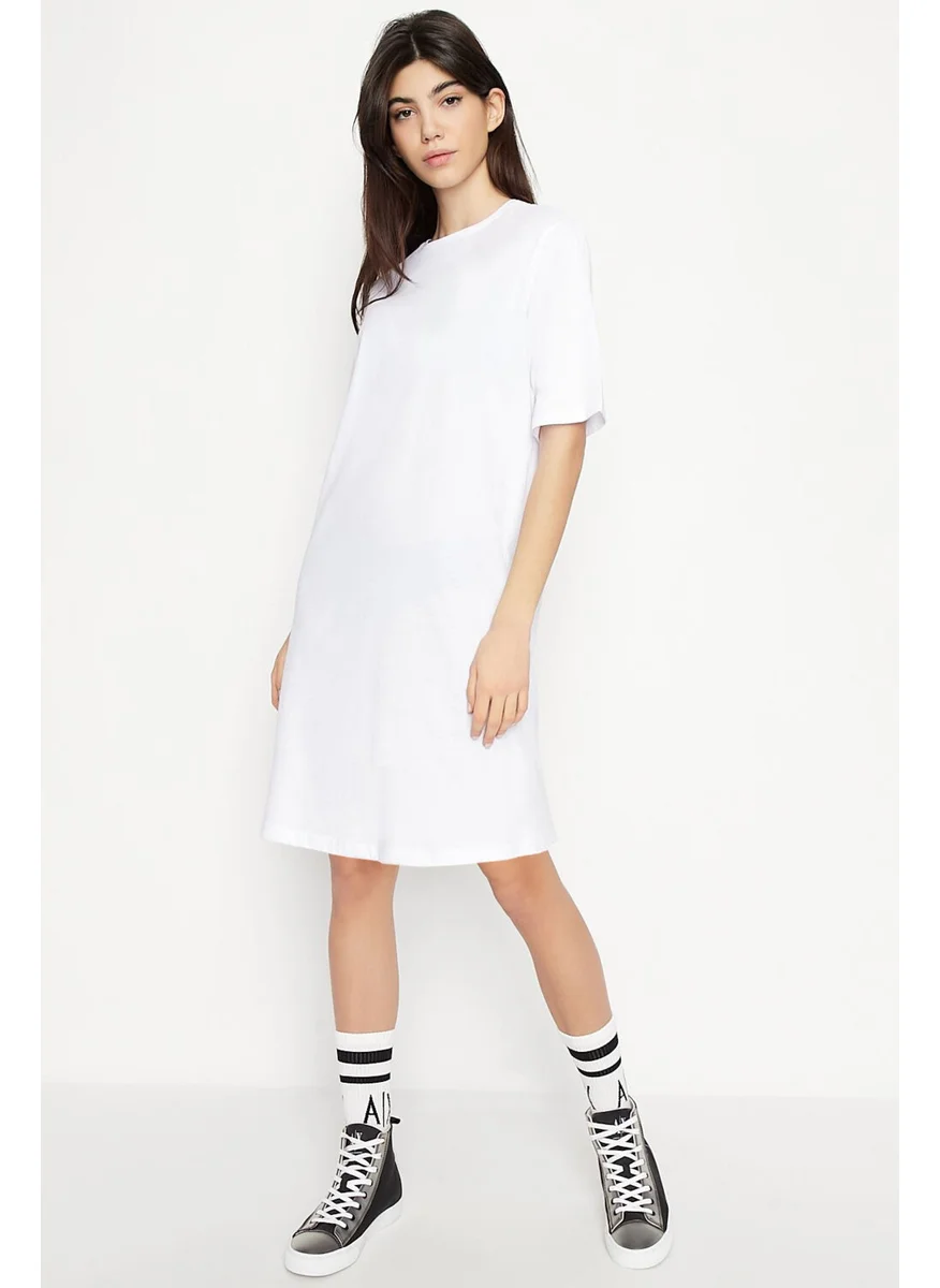Rock&Roll Plain, Unprinted White Crew Neck Short Sleeve Above Knee Mid Length Combed Cotton Dress