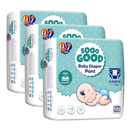 MyAid SOOO GOOD Baby Diaper Pants With Aloe Lotion & Wetness Indicator | Soft & Comfortable | Fast Absorption, Rash-Free, Leak-Proof, Medium Size (M) 7-12 kg, 24 Count, Pack of 3 - Image 1