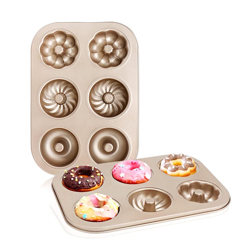 قوالب دونات بيزيا للخبز 6 تجاويف 2 قطعة صينية دونات صغيرة غير لاصقة من الفولاذ الكربوني لخبز البيغل في الفرن