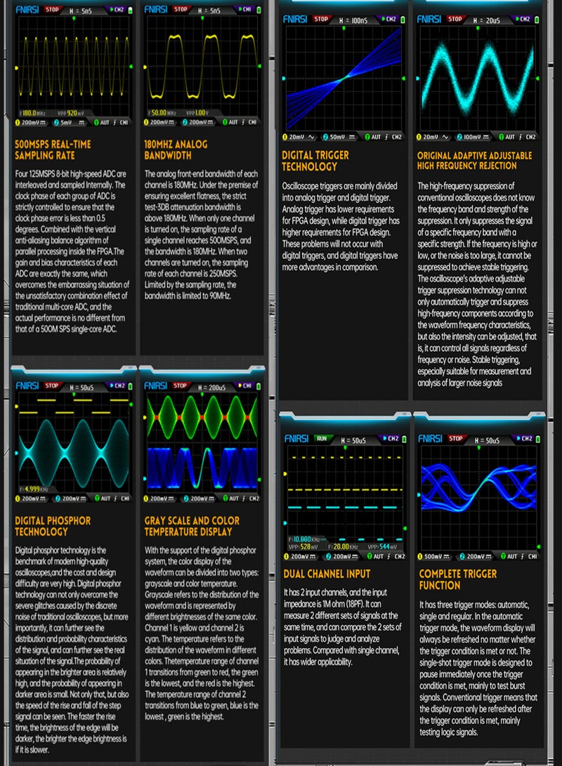 فنيرسي جهاز الأوسيلوسكوب الرقمي المحمول عالي التردد مزدوج القناة 2 في 1 مع مولد إشارات 20 ميغاهرتز أداة متعددة الوظائف عرض نطاق 180 ميغاهرتز معدل العينة في الوقت الحقيقي 500 مللي أمبير شاشة IPS بحجم 2.8 بوصة - Image 2