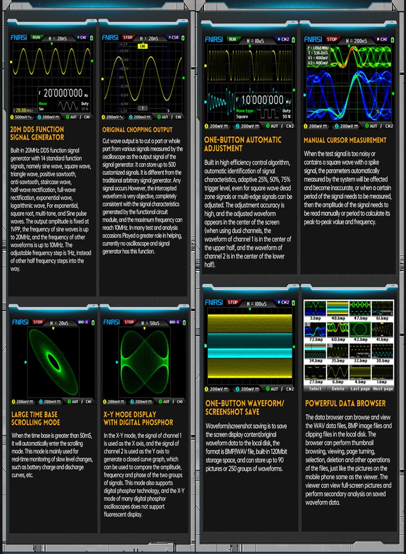 فنيرسي جهاز الأوسيلوسكوب الرقمي المحمول عالي التردد مزدوج القناة 2 في 1 مع مولد إشارات 20 ميغاهرتز أداة متعددة الوظائف عرض نطاق 180 ميغاهرتز معدل العينة في الوقت الحقيقي 500 مللي أمبير شاشة IPS بحجم 2.8 بوصة - Image 4