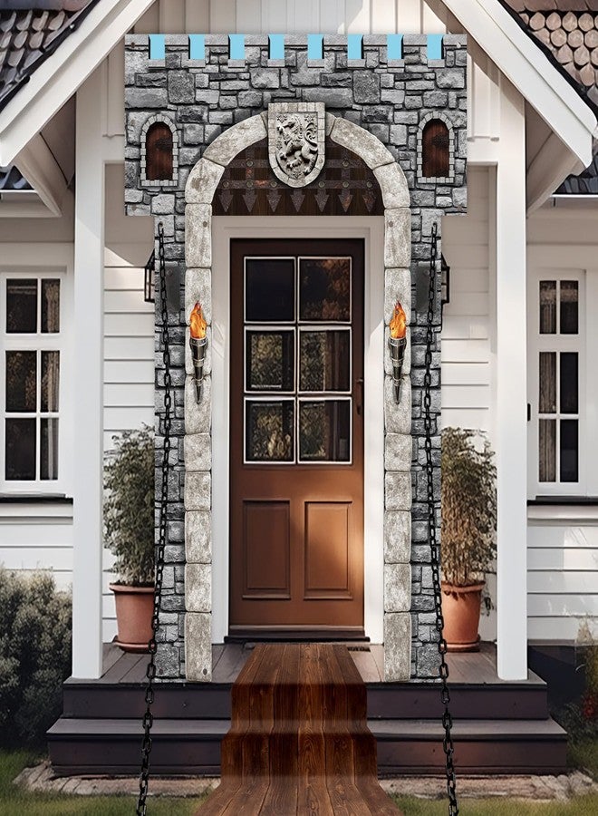 Jingmore 3 Pcs 70 Inch 3D Medieval Castle Door Cover Backdrop 1 Pcs Castle Enchanted Entrance Ground 2 Pcs Stereo Chain Decorations Party Door Window Props Banner Pirate Vampire Knight Party (6 Pcs) - Image 1