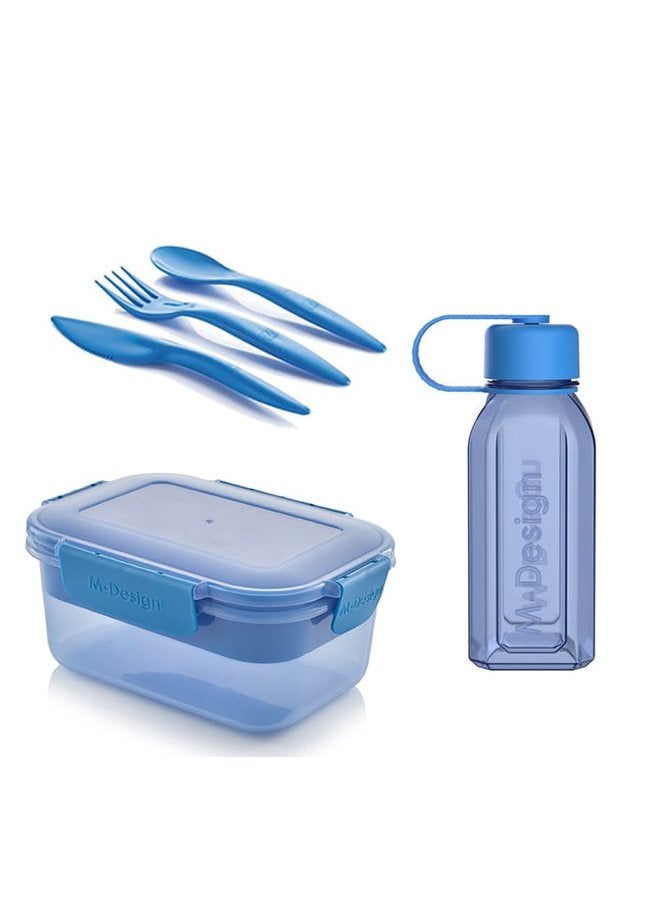 أم-ديزاين طقم لانش بوكس 1.1 + زجاجة 500 مل + طقم طعام 3 ق - أزرق