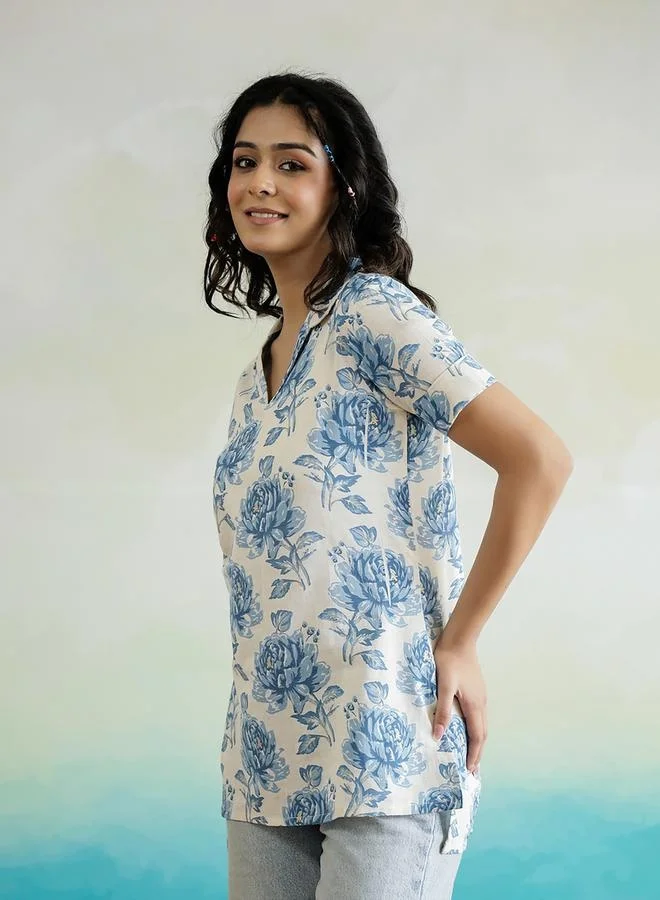 sanskrutihomes sanskrutihomes All-Over Floral Print V-Neck Cotton Top