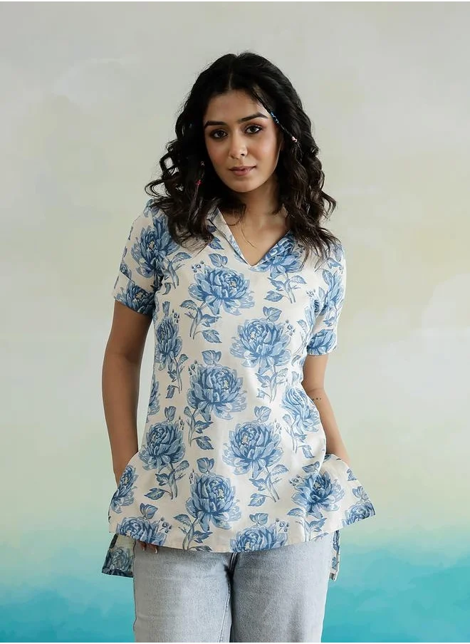 sanskrutihomes All-Over Floral Print V-Neck Cotton Top by Styli