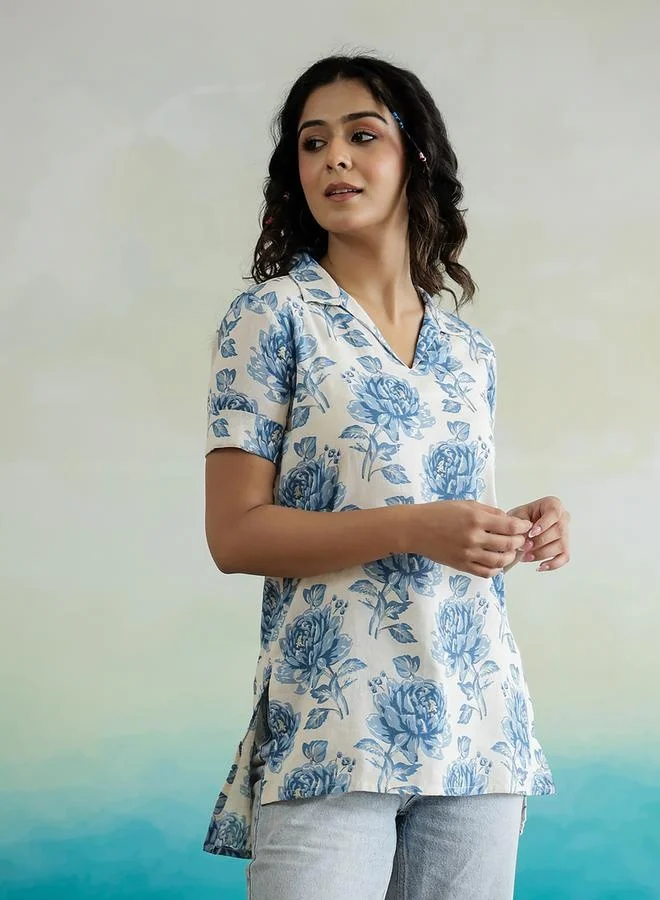 sanskrutihomes sanskrutihomes All-Over Floral Print V-Neck Cotton Top