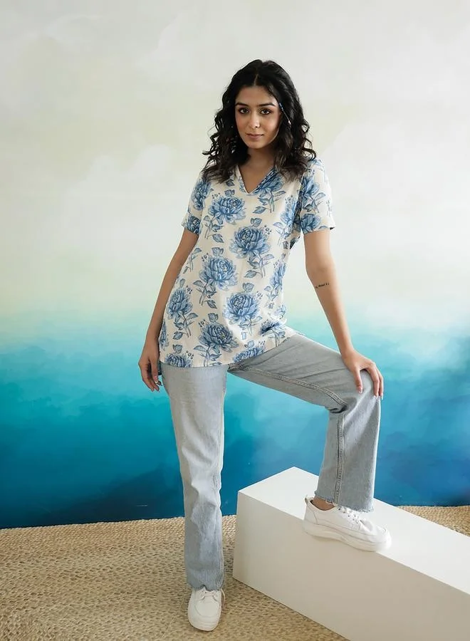 sanskrutihomes sanskrutihomes All-Over Floral Print V-Neck Cotton Top