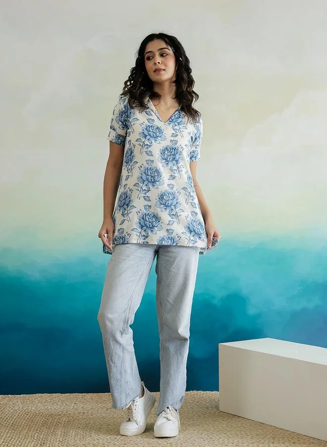 sanskrutihomes sanskrutihomes All-Over Floral Print V-Neck Cotton Top