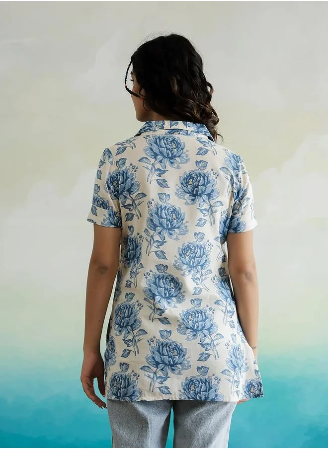 sanskrutihomes All-Over Floral Print V-Neck Cotton Top by Styli