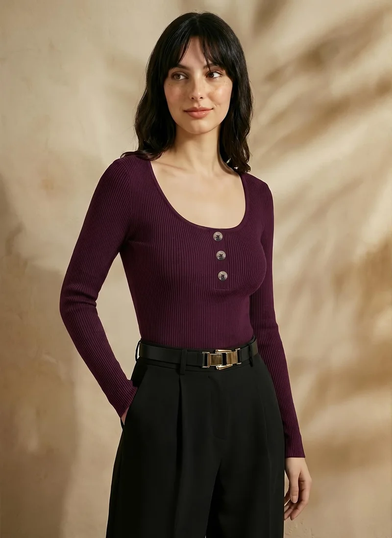 globus Globus Women Wine Scoop Neck Long Sleeves Button Detail Ribbed Top