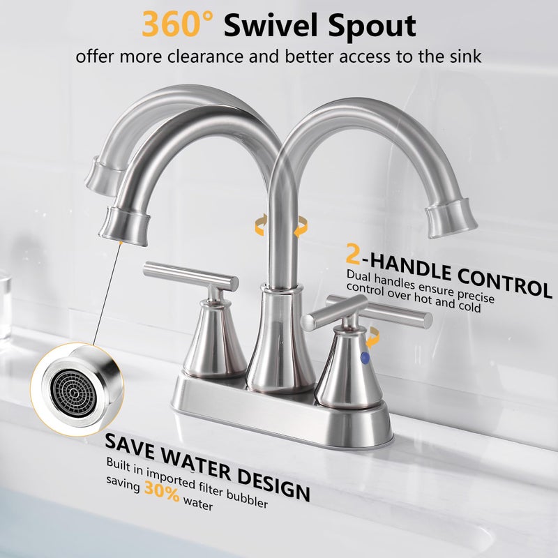 Fransiton Bathroom Sink Faucet 4 Inch 2 Handle Centerset Brushed Nickel Lead-Free Modern Bathroom Faucet Vanity Faucet with Pop-up Drain Stopper and Supply Hoses - Image 2