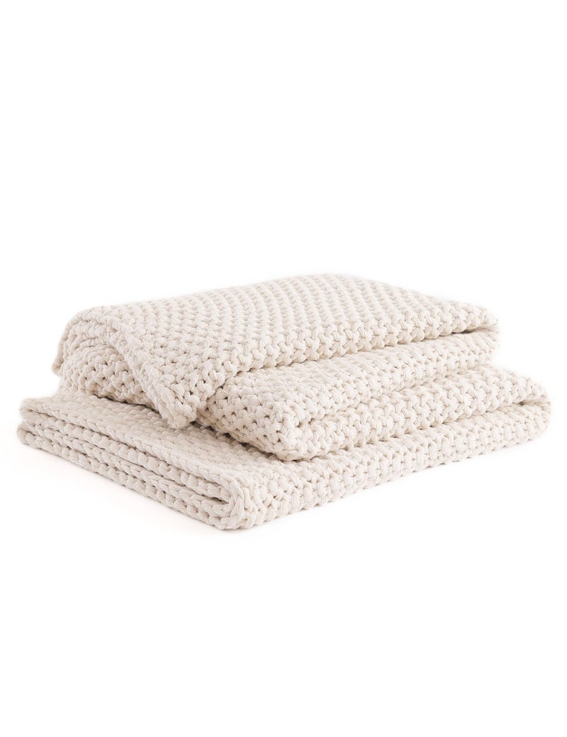 YnM Chunky Cotton Knit Throw Blanket Cable Knit Throws for Bed Couch Sofa Comfy Relaxing Decorative Piece for Farmhouse Modern Boho Rustic Scandinavian Chic Vibe Cream White 60x80 Inches