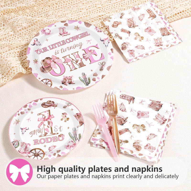 Grencian 96Pcs My 1st Rodeo Decorations Girl Pink Western Cowgirl 1st Birthday Plates and Napkins Tableware Sets Rodeo Birthday Party Favors for Girls Cowgirl Theme One Year Old Party Supplies Serves 24 - Image 4