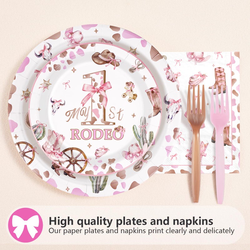Grencian 96Pcs My 1st Rodeo Decorations Girl Pink Western Cowgirl 1st Birthday Plates and Napkins Tableware Sets Rodeo Birthday Party Favors for Girls Cowgirl Theme One Year Old Party Supplies Serves 24 - Image 3