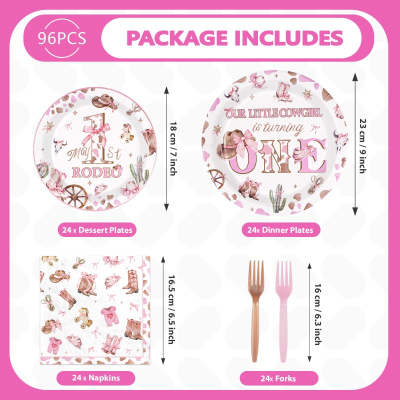 Grencian 96Pcs My 1st Rodeo Decorations Girl Pink Western Cowgirl 1st Birthday Plates and Napkins Tableware Sets Rodeo Birthday Party Favors for Girls Cowgirl Theme One Year Old Party Supplies Serves 24 - Image 2