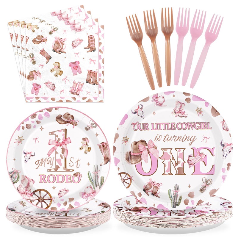 Grencian 96Pcs My 1st Rodeo Decorations Girl Pink Western Cowgirl 1st Birthday Plates and Napkins Tableware Sets Rodeo Birthday Party Favors for Girls Cowgirl Theme One Year Old Party Supplies Serves 24 - Image 1