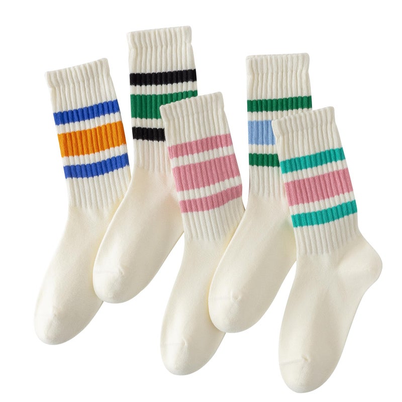 DarkCom Striped Crew Socks Seamless, or Solid Cotton Tube Socks, Casual Comfort 5 Pairs for Women and Men - Image 1