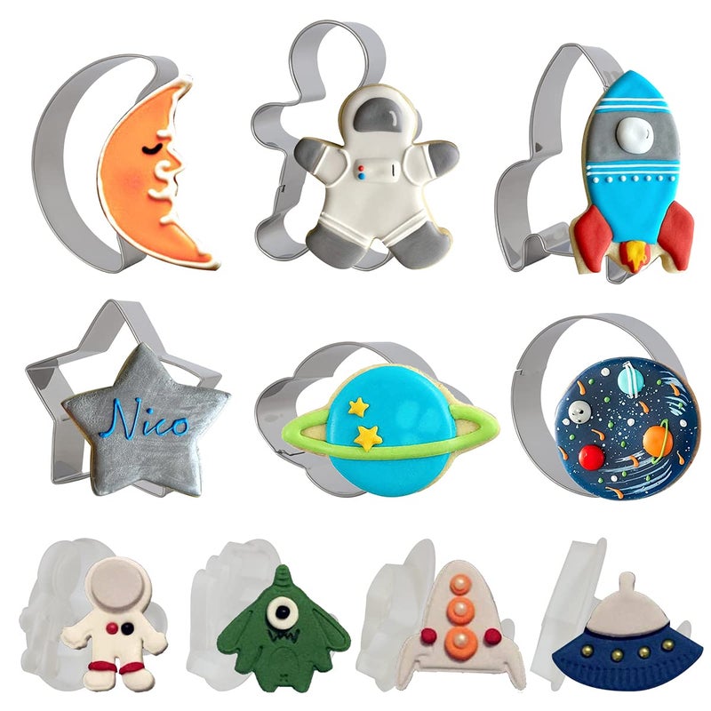 Fangleland Space Cookie Cutters, Outer Space Fondant Stamper Set, Spaceship Astronaut Rocket Moon Star Planet Circle Pastry Biscuit Cake Baking Mold for Party Supplies - Image 2