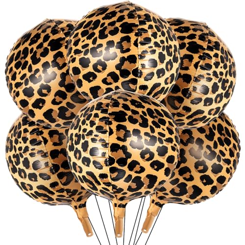BBTO 6 Pcs Leopard Cheetah Print Foil Balloons 22 Inch 4D Large Metallic Round Leopard Balloons Cheetah Print Decoration for Birthday Party Camo Animal Jungle Adventure Baby Shower Wedding - Image 1