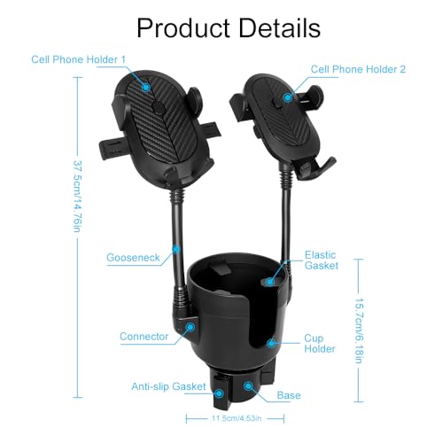 JINKEY Dual Cup Holder Phone Mount for Car，2-in-1 Adjustable Gooseneck Cradle with 360° Rotation Heavy Duty Universal Automobile Stand for Most 4"-6.7" i-Phone Mobile-Phone Holder - Image 2