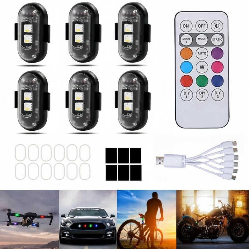 daisyfang 6PCS Wireless LED Strobe Lights with Remote Control, Wireless LED Warning Lights 8 Colors USB Charge IP65 Waterproof Anti-Collision, for Car Interior Motorcycle Bike Drone Car Truck RC Aircraft - Image 1