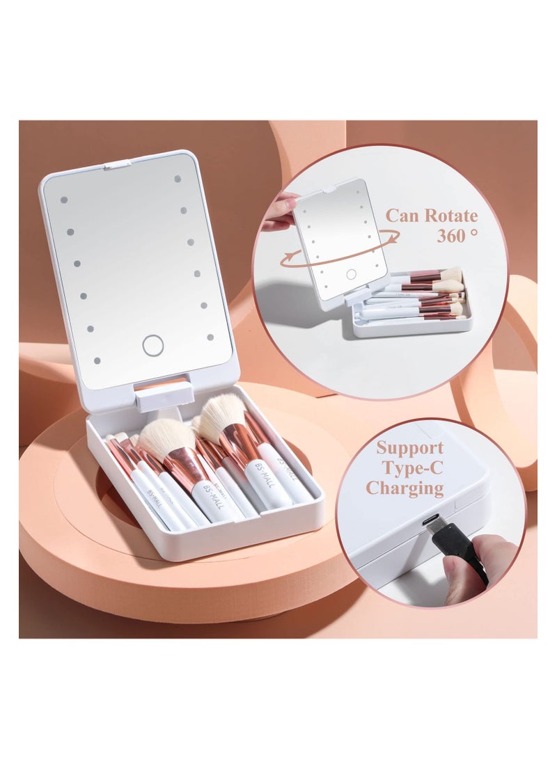 BS Mall 14PCS Mini Makeup Brushes Set with LED Light Mirrorr, Premium Synthetic Foundation Powder Concealers Eyeshadow Blush Makeup Brushes, Make up Brushes Kit (White) - Image 3
